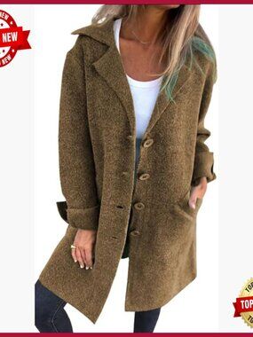 Notched Collar Long Cardigan Sweater Blazer Jacket Button Down Knit Outerwear